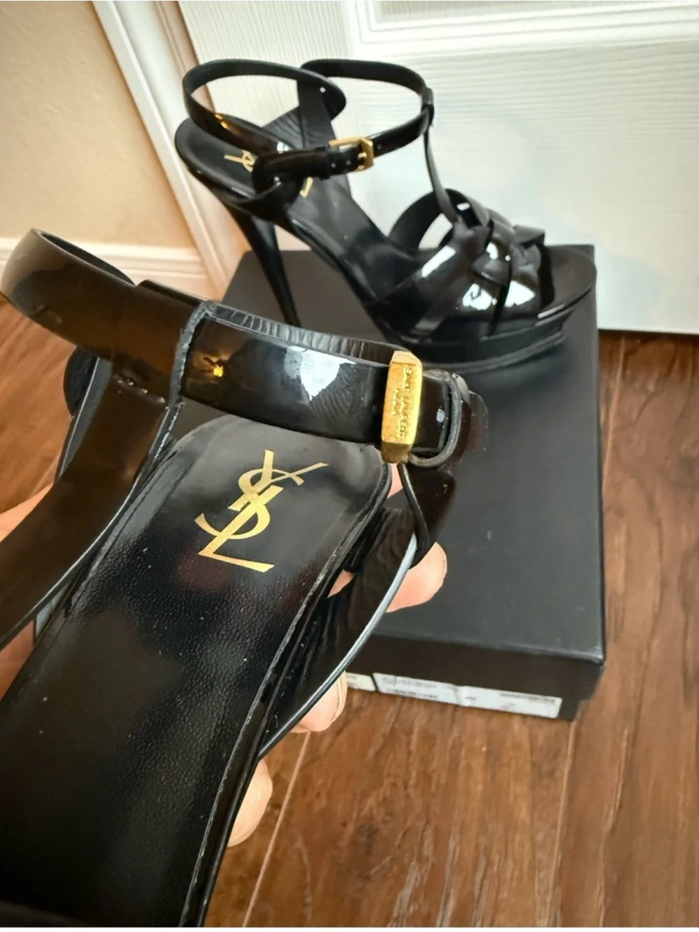 Saint Laurent Tribute 105 Icon Black Patent Leather Platform Heels Sandals